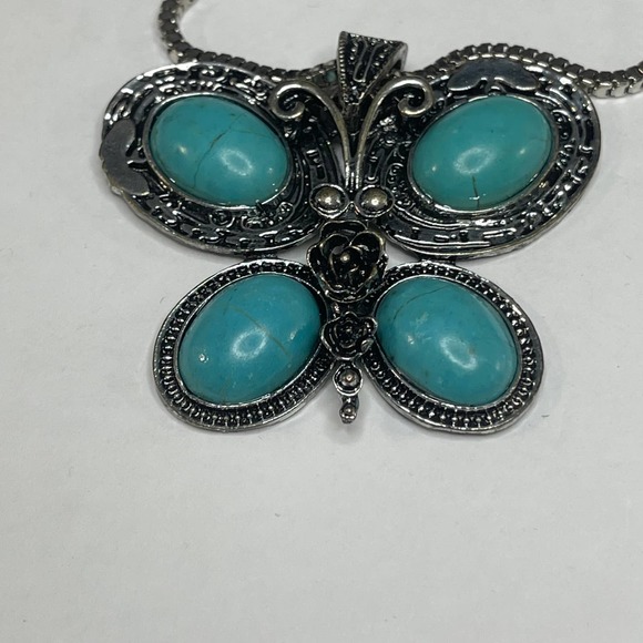 faux turquoise blue necklace butterfly pendant burnished silver tone trendy boho - Picture 2 of 9